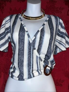 Striped V-Neck Wrap Women’s Top — White & Navy